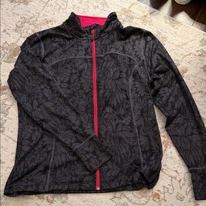 Black Floral-Print Zip-Front Jacket with Pink Trim